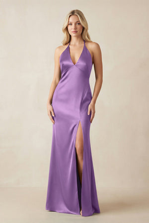V - Neck Sheath Satin Bridesmaid Dress with Bow in Wisteria - KissProm Bridesmaid Dresses