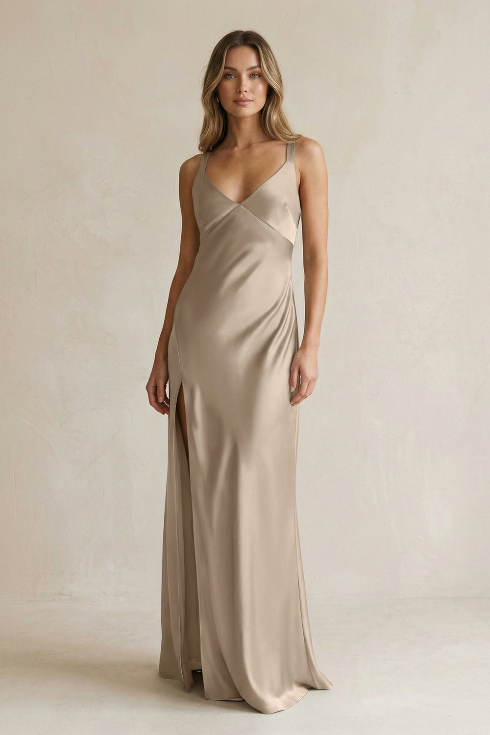 V - Neck Sheath Satin Bridesmaid Dress With Slit in Almond - KissProm Bridesmaid Dresses