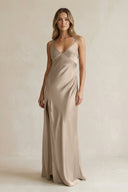 V - Neck Sheath Satin Bridesmaid Dress With Slit in Almond - KissProm Bridesmaid Dresses