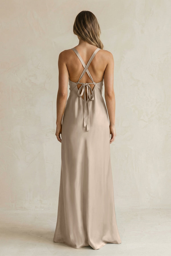 V - Neck Sheath Satin Bridesmaid Dress With Slit in Almond - KissProm Bridesmaid Dresses