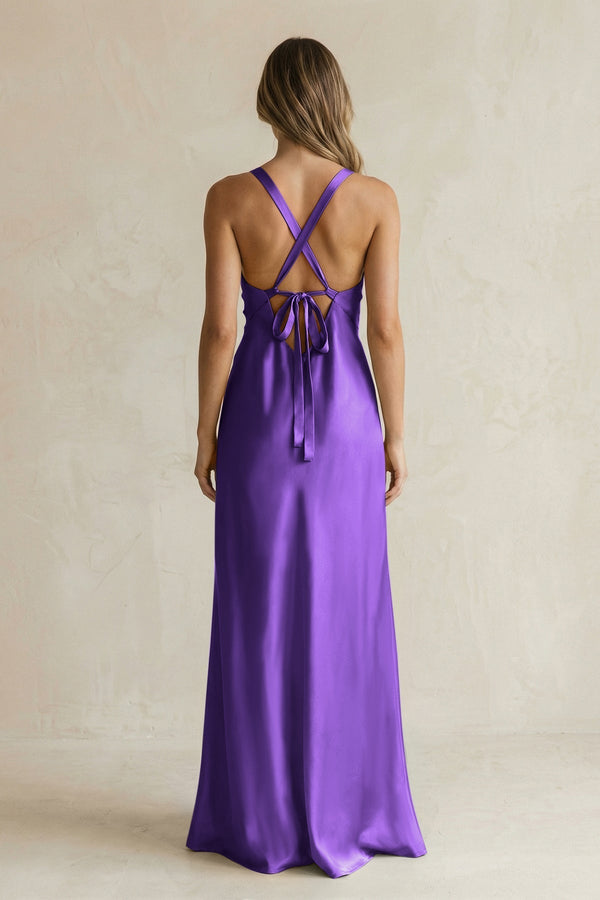 V - Neck Sheath Satin Bridesmaid Dress With Slit in Amethyst - KissProm Bridesmaid Dresses