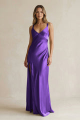V - Neck Sheath Satin Bridesmaid Dress With Slit in Amethyst - KissProm Bridesmaid Dresses