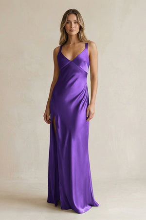 V - Neck Sheath Satin Bridesmaid Dress With Slit in Amethyst - KissProm Bridesmaid Dresses