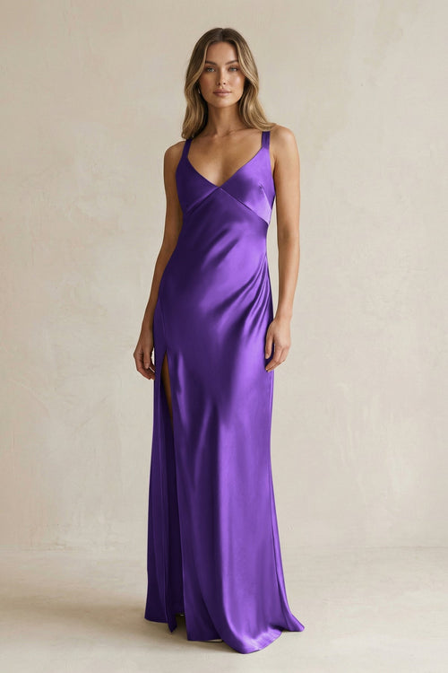 V - Neck Sheath Satin Bridesmaid Dress With Slit in Amethyst - KissProm Bridesmaid Dresses