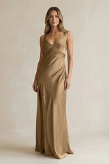 V - Neck Sheath Satin Bridesmaid Dress With Slit in Apple Cinnamon - KissProm Bridesmaid Dresses