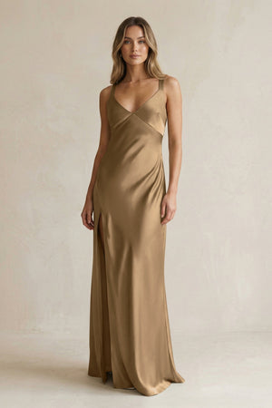 V - Neck Sheath Satin Bridesmaid Dress With Slit in Apple Cinnamon - KissProm Bridesmaid Dresses