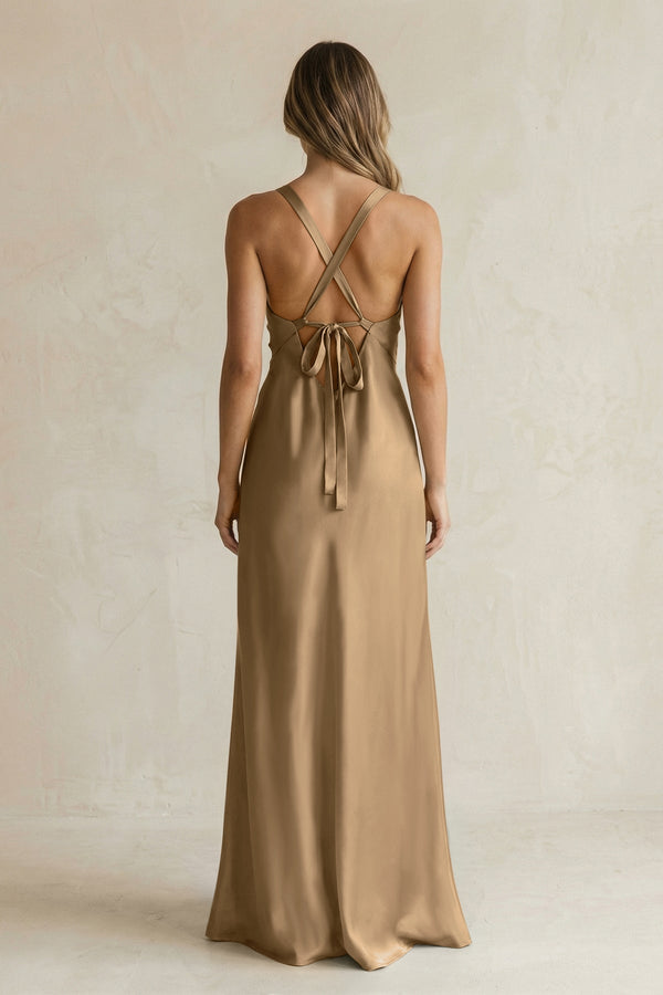 V - Neck Sheath Satin Bridesmaid Dress With Slit in Apple Cinnamon - KissProm Bridesmaid Dresses