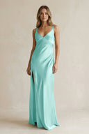 V - Neck Sheath Satin Bridesmaid Dress With Slit in Aqua - KissProm Bridesmaid Dresses