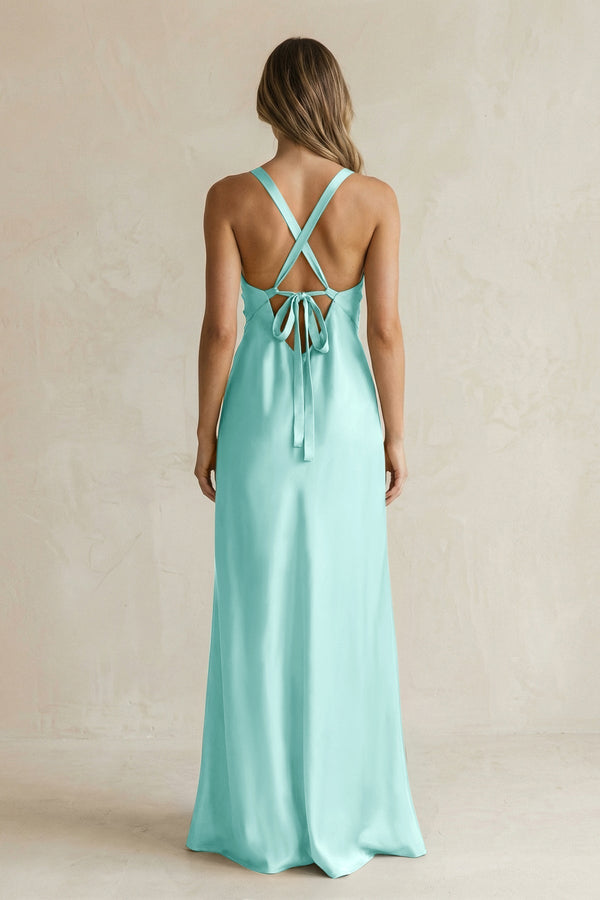 V - Neck Sheath Satin Bridesmaid Dress With Slit in Aqua - KissProm Bridesmaid Dresses