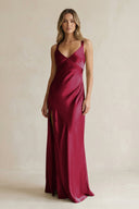 V - Neck Sheath Satin Bridesmaid Dress With Slit in Berry - KissProm Bridesmaid Dresses