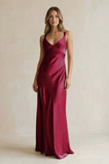 V - Neck Sheath Satin Bridesmaid Dress With Slit in Berry - KissProm Bridesmaid Dresses