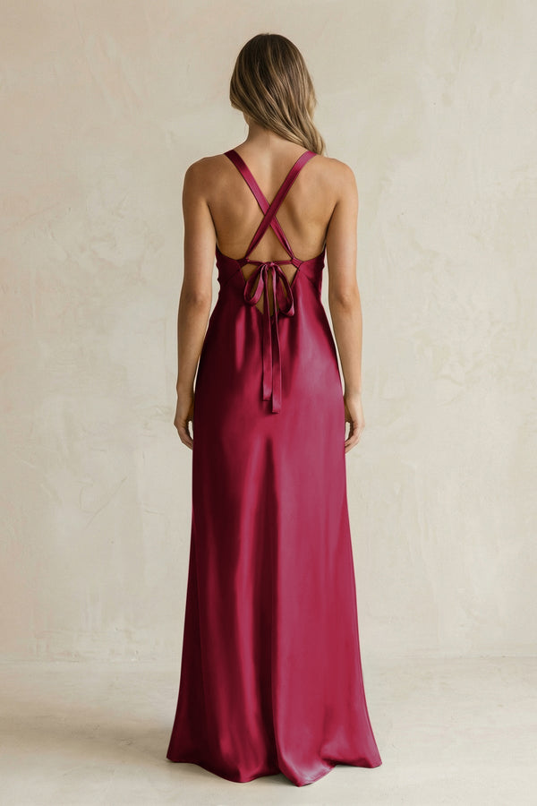 V - Neck Sheath Satin Bridesmaid Dress With Slit in Berry - KissProm Bridesmaid Dresses