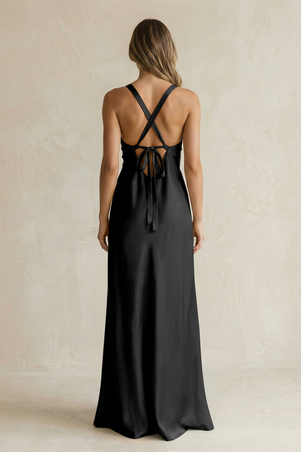 V - Neck Sheath Satin Bridesmaid Dress With Slit in Black - KissProm Bridesmaid Dresses