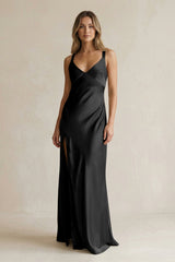 V - Neck Sheath Satin Bridesmaid Dress With Slit in Black - KissProm Bridesmaid Dresses