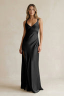 V - Neck Sheath Satin Bridesmaid Dress With Slit in Black - KissProm Bridesmaid Dresses
