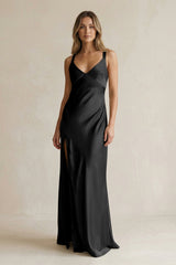 V - Neck Sheath Satin Bridesmaid Dress With Slit in Black - KissProm Bridesmaid Dresses