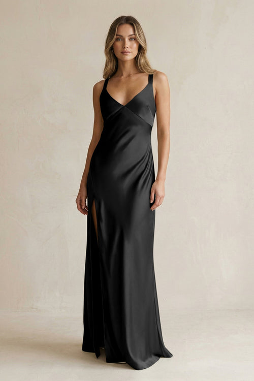 V - Neck Sheath Satin Bridesmaid Dress With Slit in Black - KissProm Bridesmaid Dresses