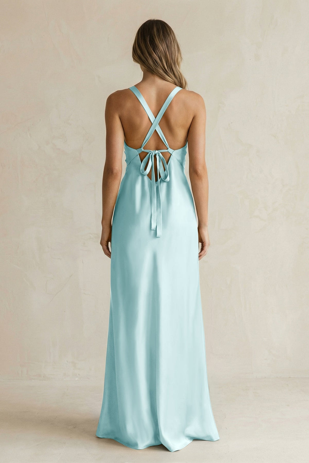 V - Neck Sheath Satin Bridesmaid Dress With Slit in Bleached Aqua - KissProm Bridesmaid Dresses