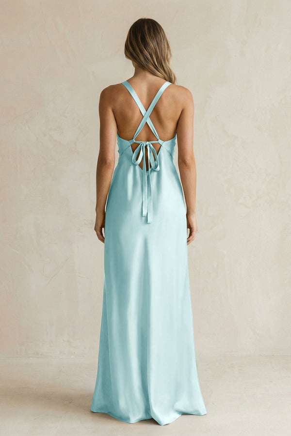 V - Neck Sheath Satin Bridesmaid Dress With Slit in Bleached Aqua - KissProm Bridesmaid Dresses