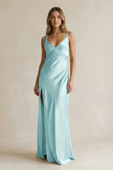 V - Neck Sheath Satin Bridesmaid Dress With Slit in Bleached Aqua - KissProm Bridesmaid Dresses