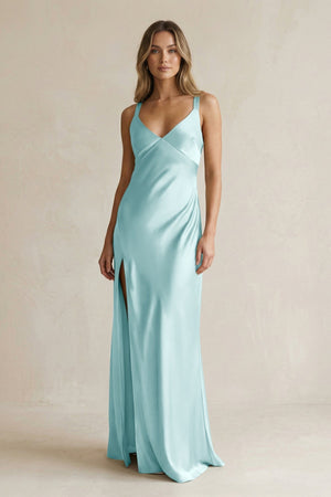 V - Neck Sheath Satin Bridesmaid Dress With Slit in Bleached Aqua - KissProm Bridesmaid Dresses