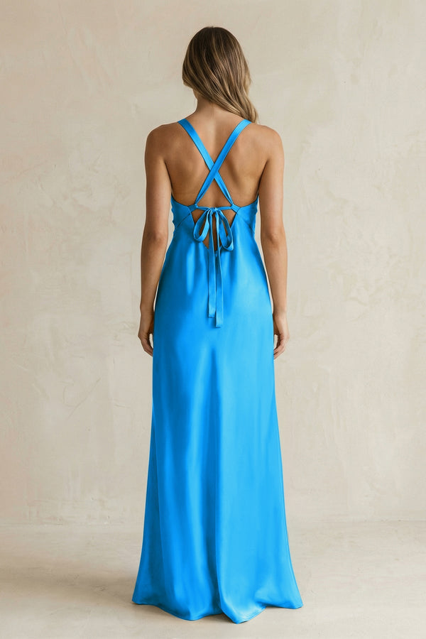 V - Neck Sheath Satin Bridesmaid Dress With Slit in Blue Jay - KissProm Bridesmaid Dresses