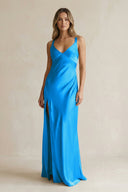 V - Neck Sheath Satin Bridesmaid Dress With Slit in Blue Jay - KissProm Bridesmaid Dresses