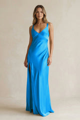 V - Neck Sheath Satin Bridesmaid Dress With Slit in Blue Jay - KissProm Bridesmaid Dresses