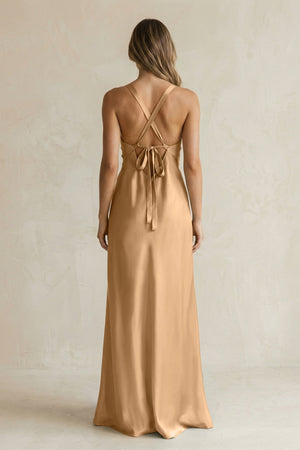 V - Neck Sheath Satin Bridesmaid Dress With Slit in Bronzer - KissProm Bridesmaid Dresses