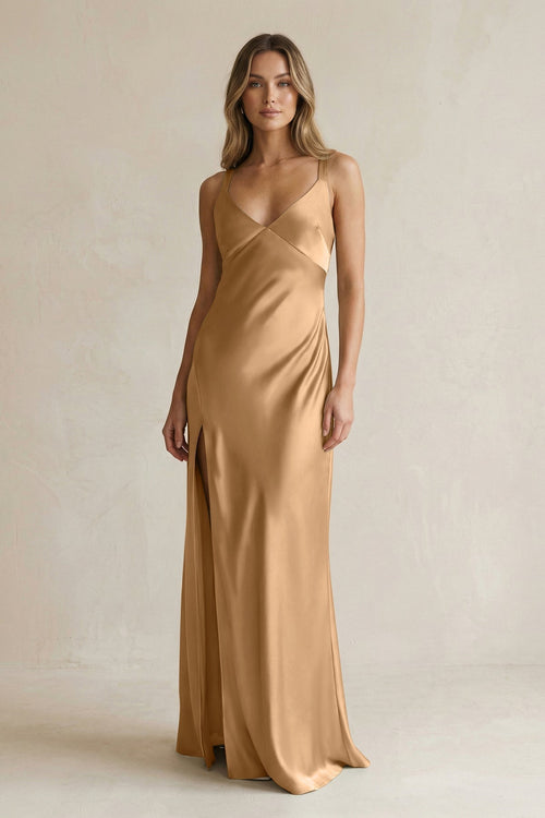 V - Neck Sheath Satin Bridesmaid Dress With Slit in Bronzer - KissProm Bridesmaid Dresses