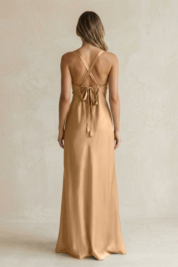 V - Neck Sheath Satin Bridesmaid Dress With Slit in Bronzer - KissProm Bridesmaid Dresses