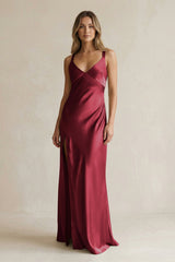 V - Neck Sheath Satin Bridesmaid Dress With Slit in Burgundy - KissProm Bridesmaid Dresses