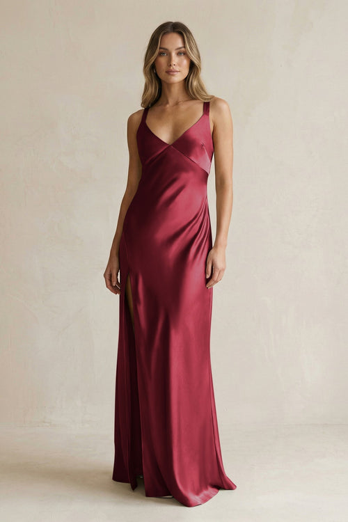 V - Neck Sheath Satin Bridesmaid Dress With Slit in Burgundy - KissProm Bridesmaid Dresses