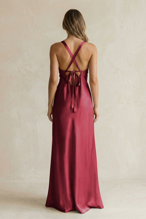 V - Neck Sheath Satin Bridesmaid Dress With Slit in Burgundy - KissProm Bridesmaid Dresses