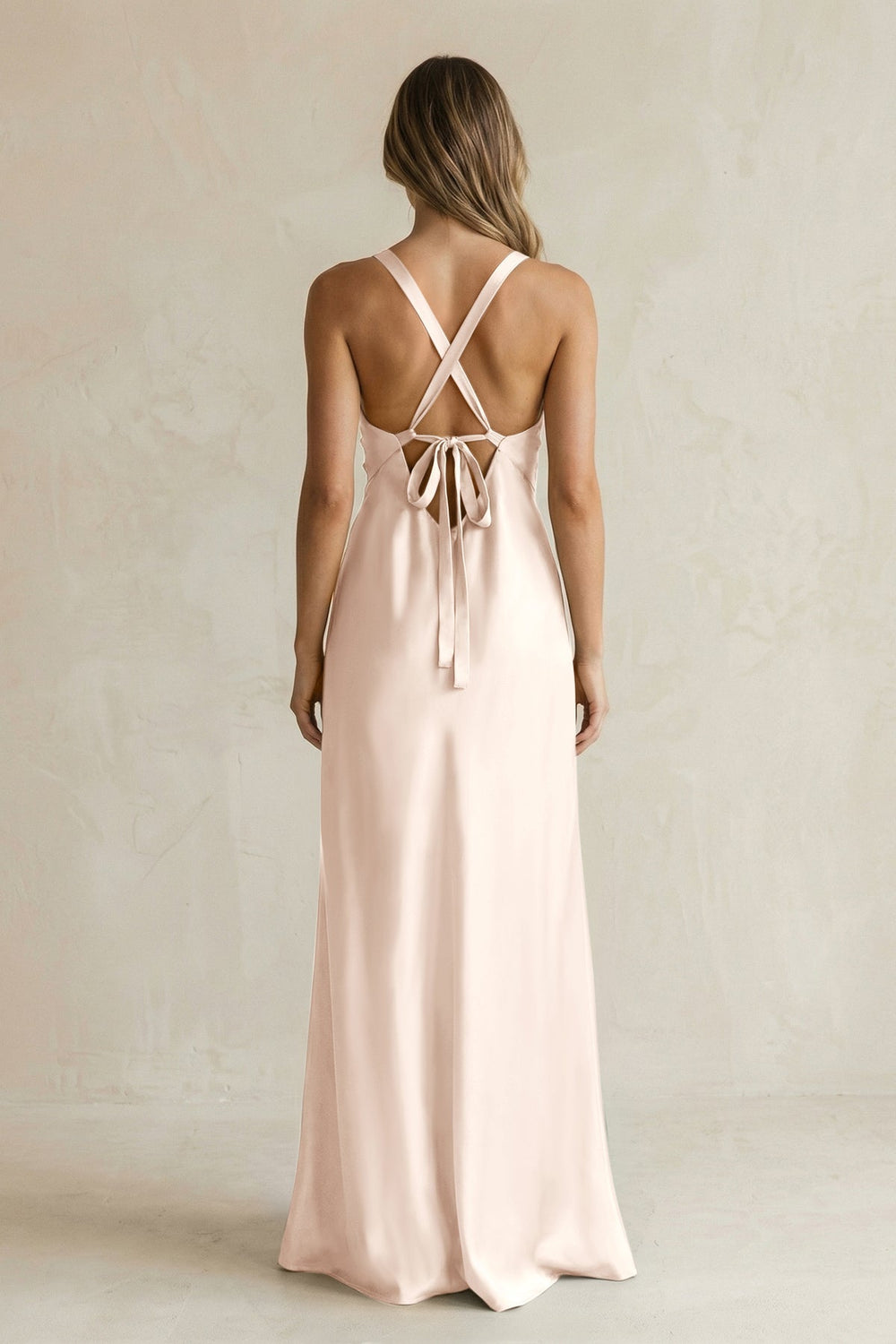 V - Neck Sheath Satin Bridesmaid Dress With Slit in Buttercream - KissProm Bridesmaid Dresses