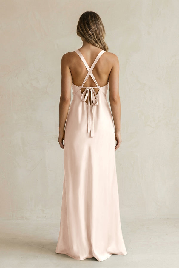 V - Neck Sheath Satin Bridesmaid Dress With Slit in Buttercream - KissProm Bridesmaid Dresses