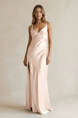 V - Neck Sheath Satin Bridesmaid Dress With Slit in Buttercream - KissProm Bridesmaid Dresses