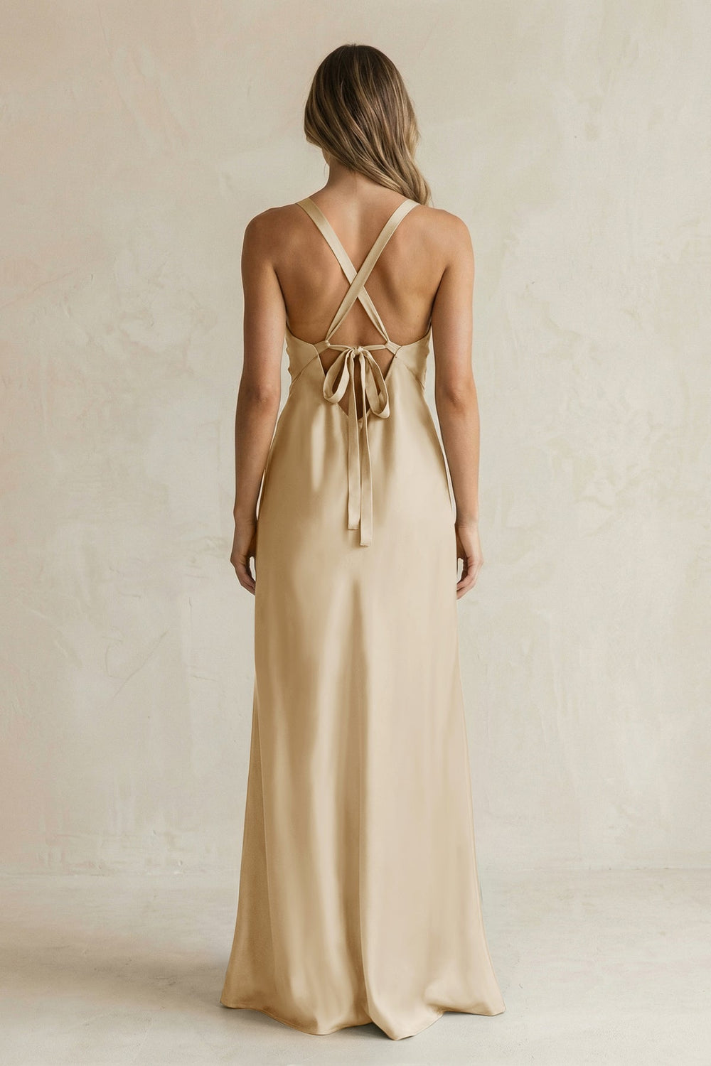 V - Neck Sheath Satin Bridesmaid Dress With Slit in Champagne - KissProm Bridesmaid Dresses