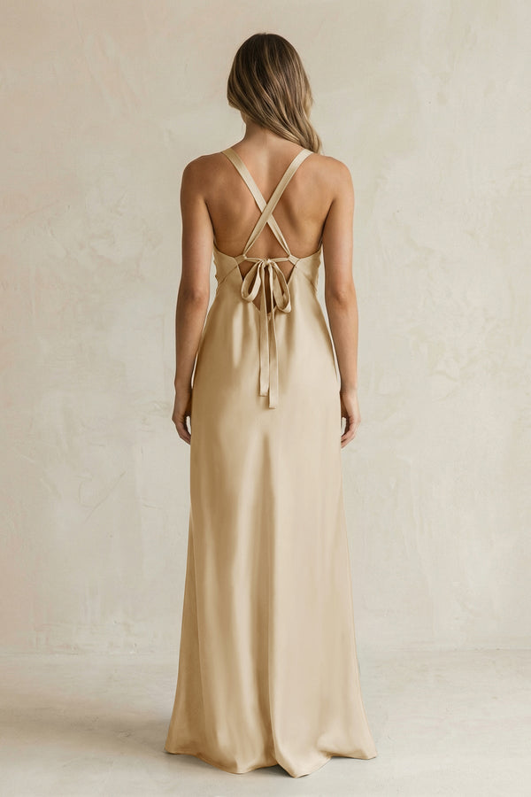 V - Neck Sheath Satin Bridesmaid Dress With Slit in Champagne - KissProm Bridesmaid Dresses