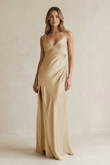 V - Neck Sheath Satin Bridesmaid Dress With Slit in Champagne - KissProm Bridesmaid Dresses