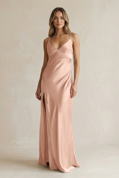 V - Neck Sheath Satin Bridesmaid Dress With Slit in Champagne Rose - KissProm Bridesmaid Dresses