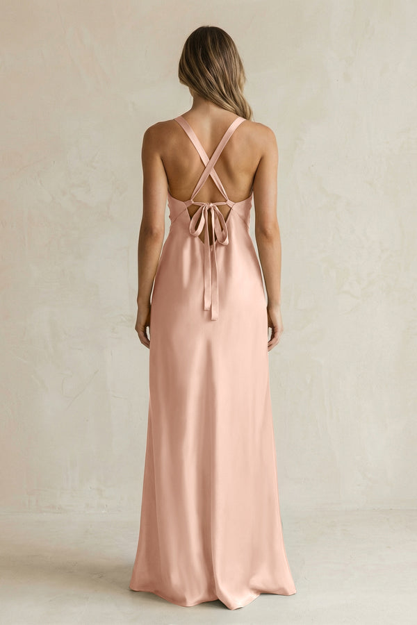 V - Neck Sheath Satin Bridesmaid Dress With Slit in Champagne Rose - KissProm Bridesmaid Dresses