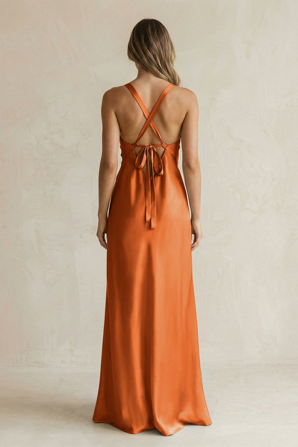 V - Neck Sheath Satin Bridesmaid Dress With Slit in Cinnamon - KissProm Bridesmaid Dresses