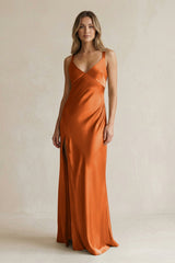 V - Neck Sheath Satin Bridesmaid Dress With Slit in Cinnamon - KissProm Bridesmaid Dresses