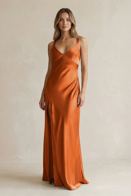 V - Neck Sheath Satin Bridesmaid Dress With Slit in Cinnamon - KissProm Bridesmaid Dresses