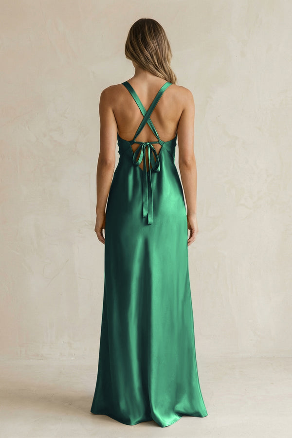V - Neck Sheath Satin Bridesmaid Dress With Slit in Dark Green - KissProm Bridesmaid Dresses