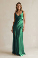 V - Neck Sheath Satin Bridesmaid Dress With Slit in Dark Green - KissProm Bridesmaid Dresses