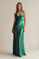 V - Neck Sheath Satin Bridesmaid Dress With Slit in Dark Green - KissProm Bridesmaid Dresses