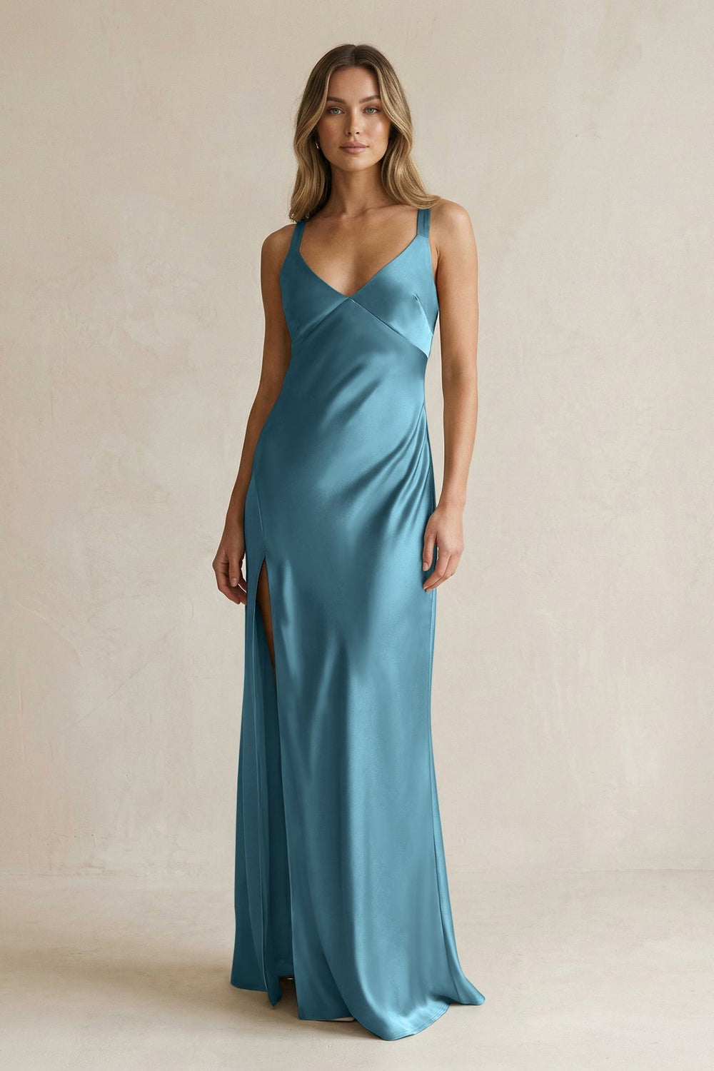 V - Neck Sheath Satin Bridesmaid Dress With Slit in Dark Teal - KissProm Bridesmaid Dresses