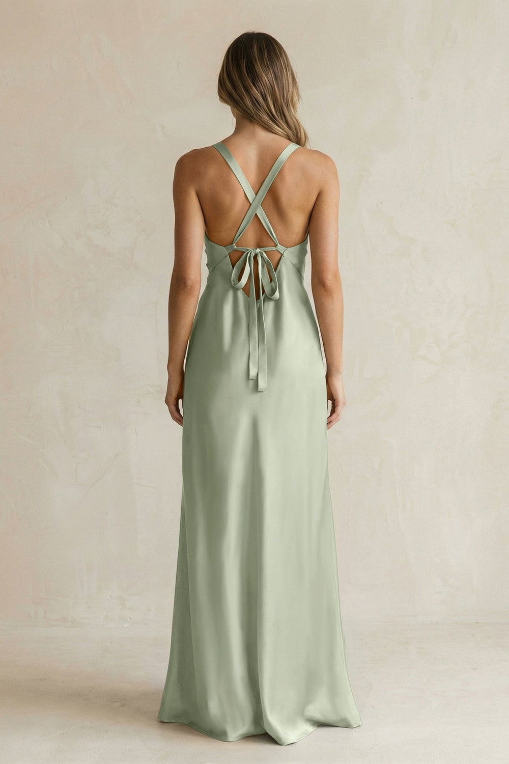 V - Neck Sheath Satin Bridesmaid Dress With Slit in Dove Gray - KissProm Bridesmaid Dresses